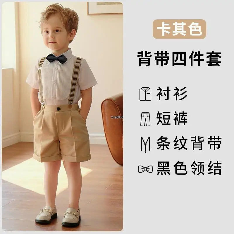 Conjunto de vestido formal para niño con tirantes, pajarita y pantalones cortos, conjunto de ropa para fiesta de boda infantil 