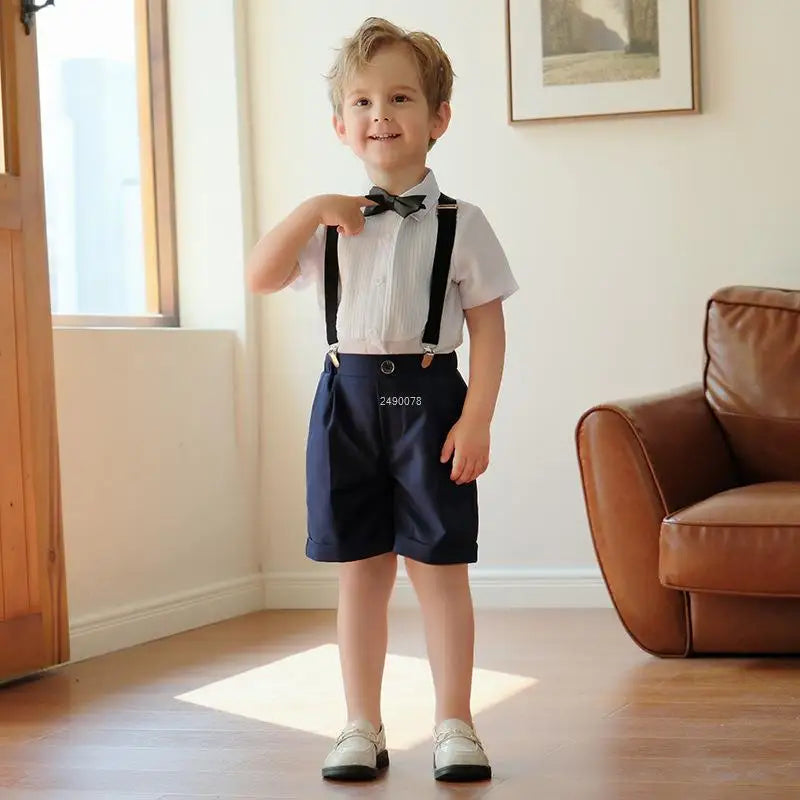 Conjunto de vestido formal para niño con tirantes, pajarita y pantalones cortos, conjunto de ropa para fiesta de boda infantil 