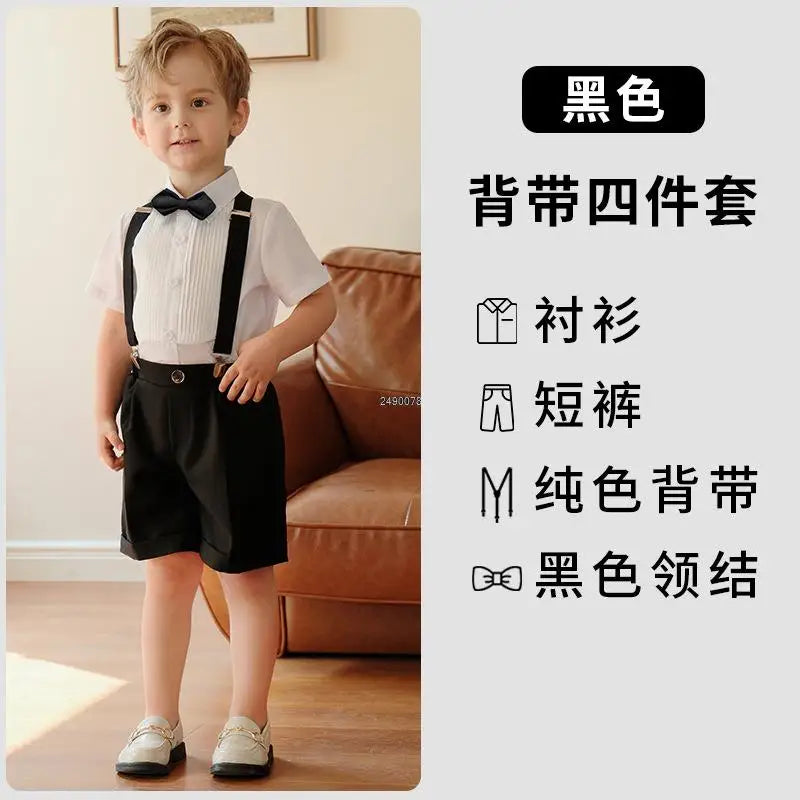 Conjunto de vestido formal para niño con tirantes, pajarita y pantalones cortos, conjunto de ropa para fiesta de boda infantil 