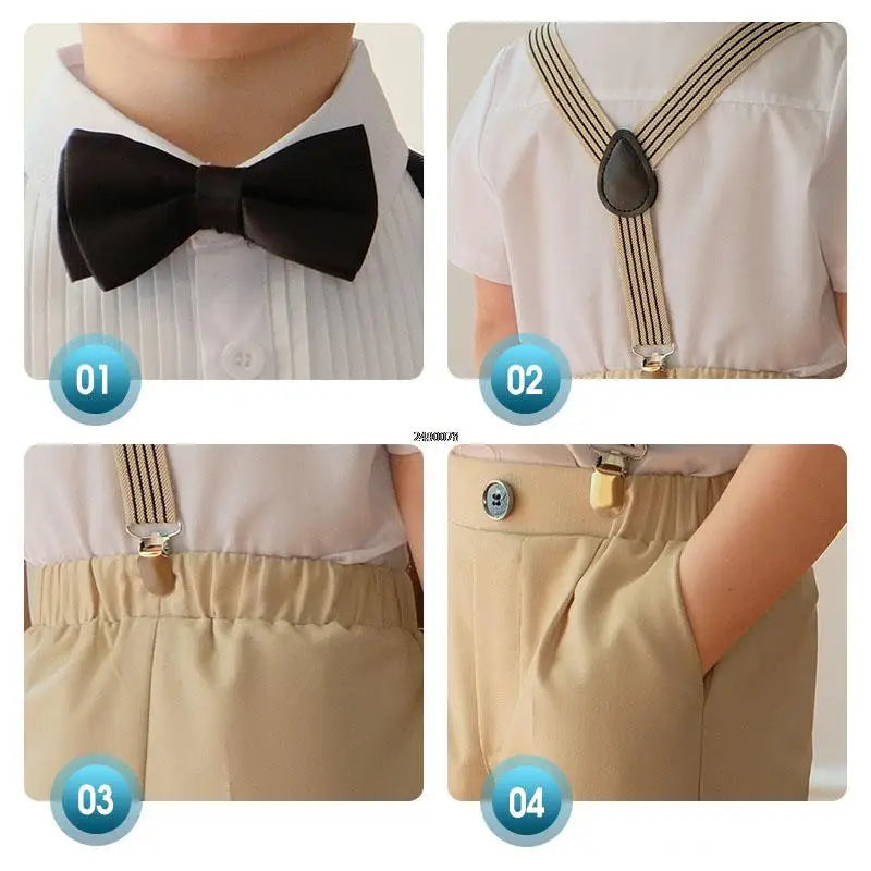 Conjunto de vestido formal para niño con tirantes, pajarita y pantalones cortos, conjunto de ropa para fiesta de boda infantil 