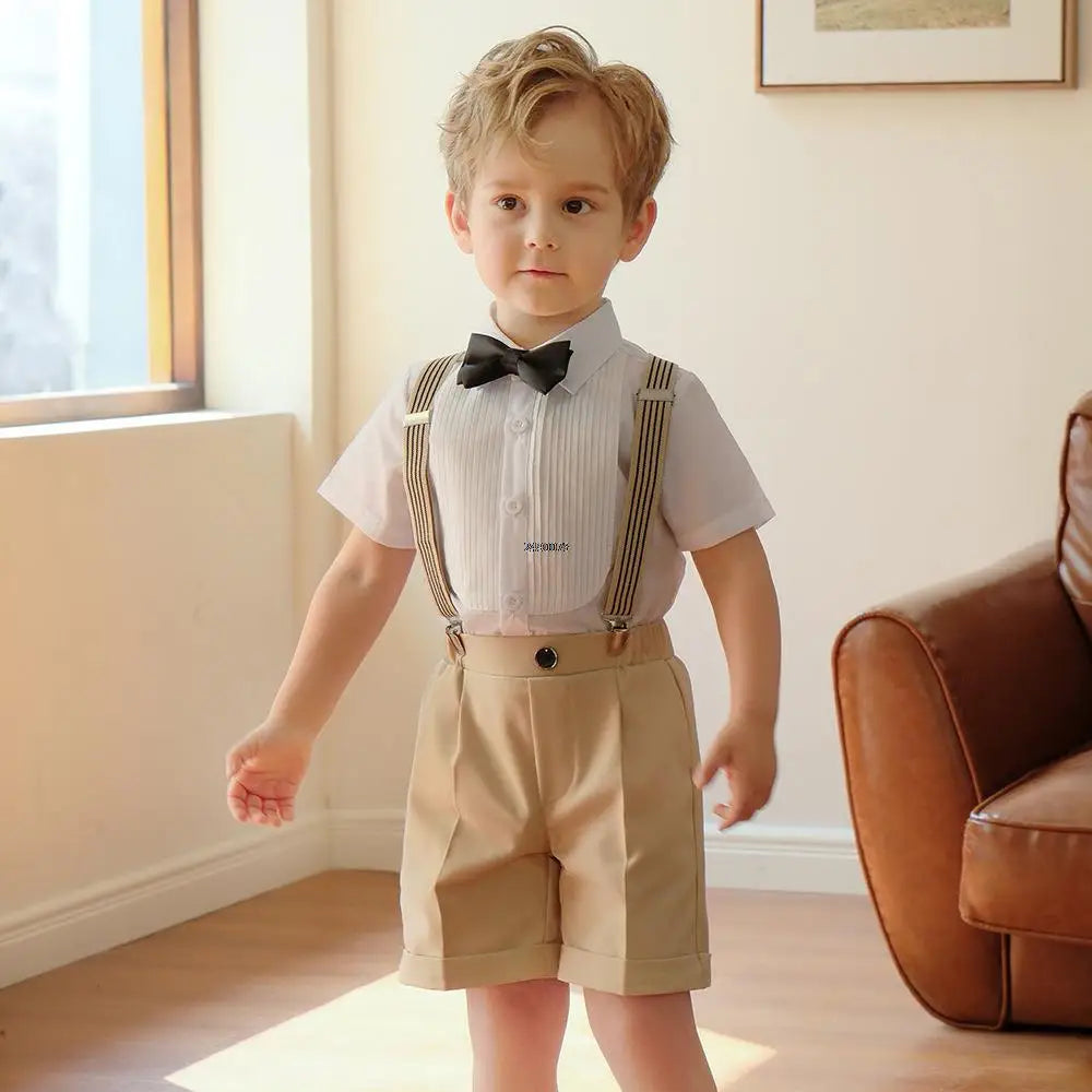 Conjunto de vestido formal para niño con tirantes, pajarita y pantalones cortos, conjunto de ropa para fiesta de boda infantil 