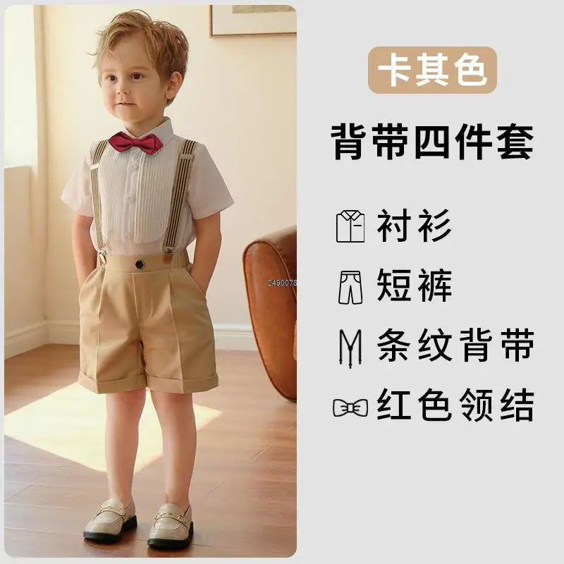 Conjunto de vestido formal para niño con tirantes, pajarita y pantalones cortos, conjunto de ropa para fiesta de boda infantil 