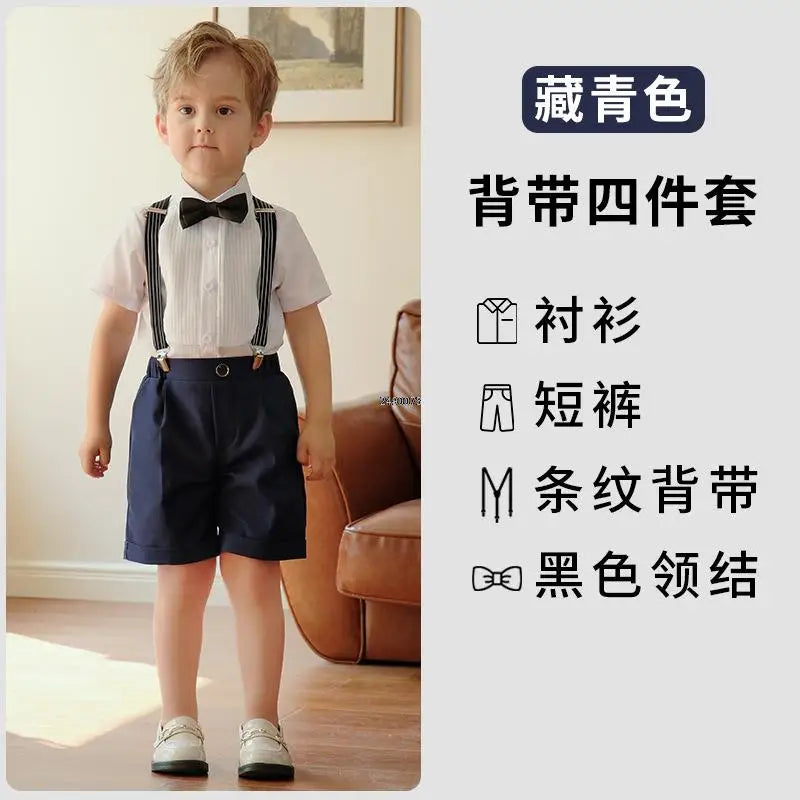 Conjunto de vestido formal para niño con tirantes, pajarita y pantalones cortos, conjunto de ropa para fiesta de boda infantil 