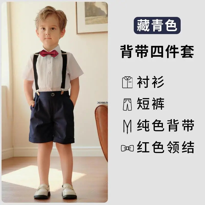 Conjunto de vestido formal para niño con tirantes, pajarita y pantalones cortos, conjunto de ropa para fiesta de boda infantil 