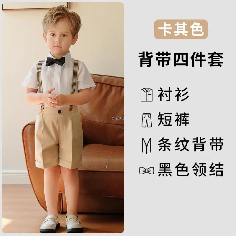 Conjunto de vestido formal para niño con tirantes, pajarita y pantalones cortos, conjunto de ropa para fiesta de boda infantil 