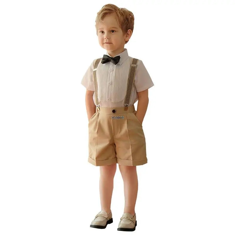 Conjunto de vestido formal para niño con tirantes, pajarita y pantalones cortos, conjunto de ropa para fiesta de boda infantil 