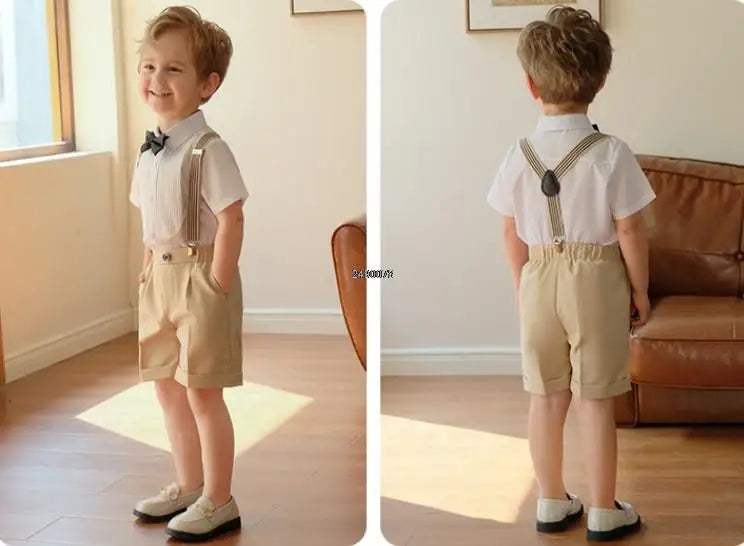 Conjunto de vestido formal para niño con tirantes, pajarita y pantalones cortos, conjunto de ropa para fiesta de boda infantil 
