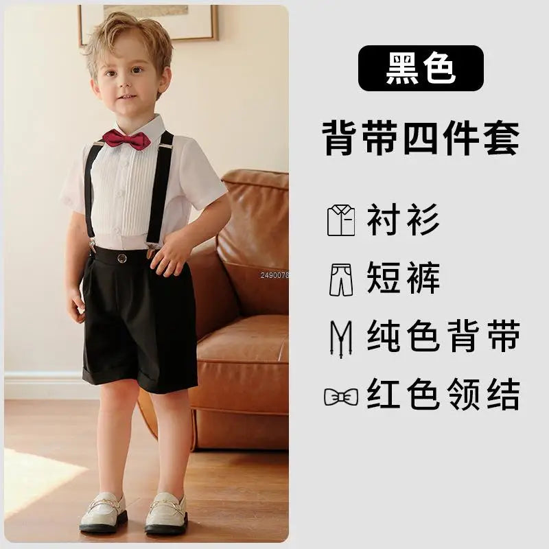 Conjunto de vestido formal para niño con tirantes, pajarita y pantalones cortos, conjunto de ropa para fiesta de boda infantil 
