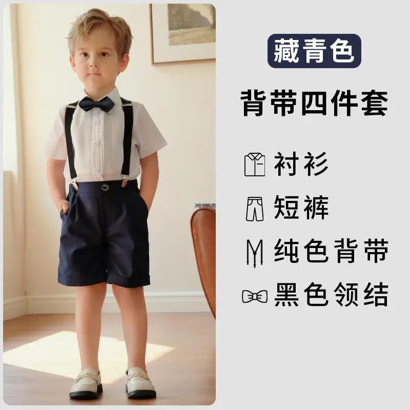 Conjunto de vestido formal para niño con tirantes, pajarita y pantalones cortos, conjunto de ropa para fiesta de boda infantil 
