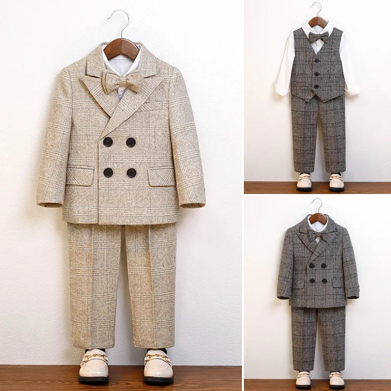 Boys Classic Plaid Suit Set with Bow Tie and Double-Breasted Blazer