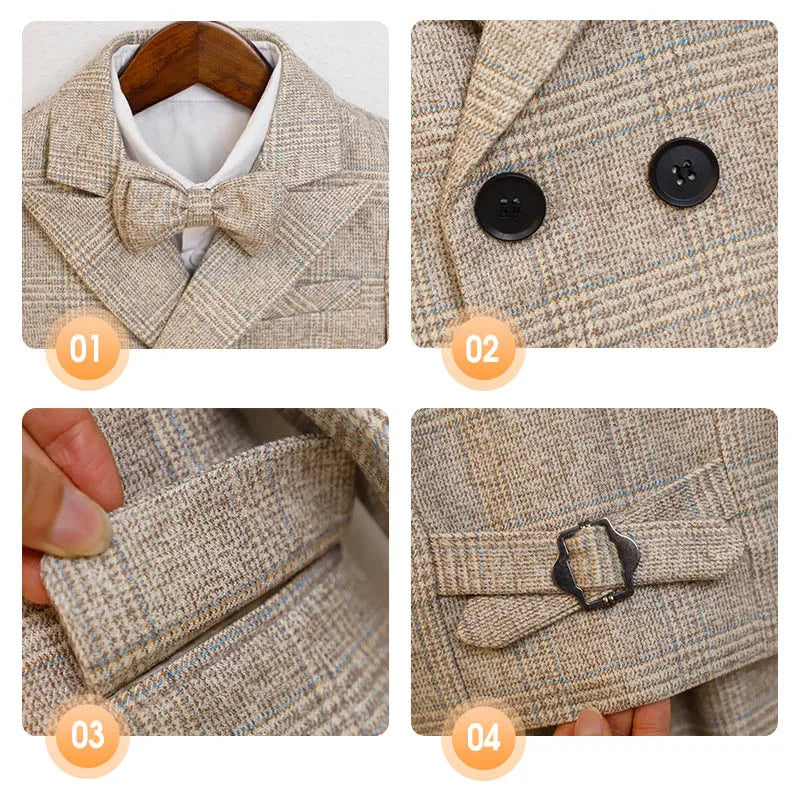 Boys Classic Plaid Suit Set with Bow Tie and Double-Breasted Blazer