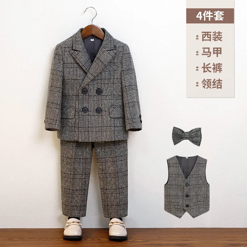 Boys Classic Plaid Suit Set with Bow Tie and Double-Breasted Blazer