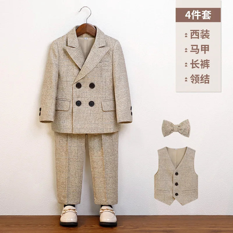 Boys Classic Plaid Suit Set with Bow Tie and Double-Breasted Blazer