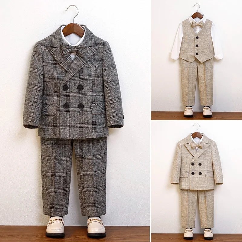 Boys Classic Plaid Suit Set with Bow Tie and Double-Breasted Blazer