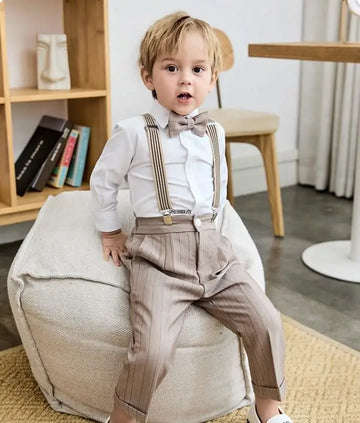 Toddler Boys Formal Outfit Set with White Shirt Bow Tie and Pants with Suspenders