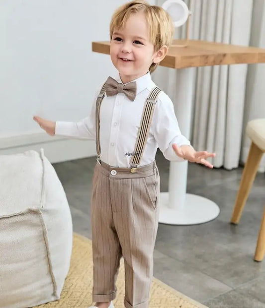 Toddler Boys Formal Outfit Set with White Shirt Bow Tie and Pants with Suspenders