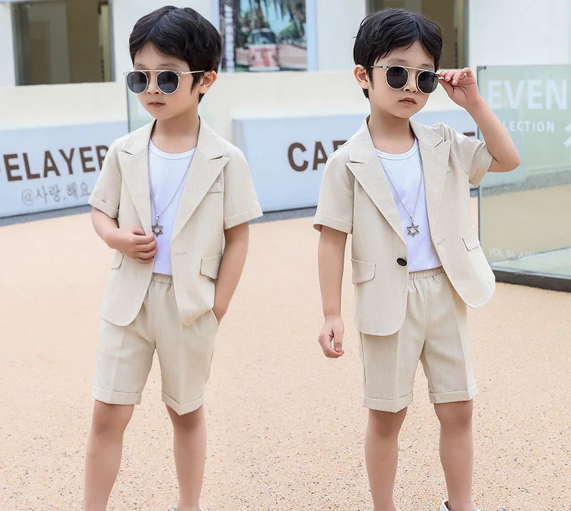 Conjunto de blazer y pantalones cortos de manga corta de verano para niños, traje de moda para niños, conjuntos de dos piezas 