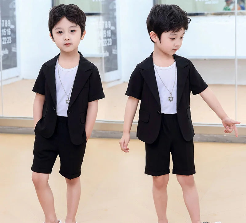 Conjunto de blazer y pantalones cortos de manga corta de verano para niños, traje de moda para niños, conjuntos de dos piezas 