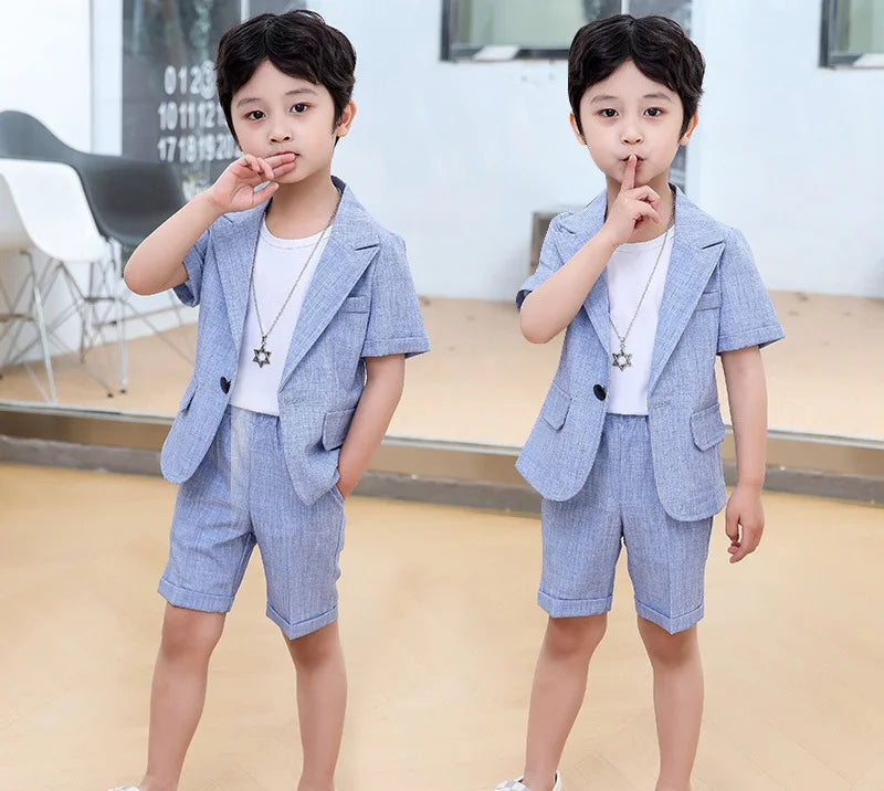 Conjunto de blazer y pantalones cortos de manga corta de verano para niños, traje de moda para niños, conjuntos de dos piezas 