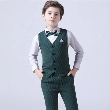 Boys Green Pinstripe Suit Set with Vest Shirt and Bow Tie