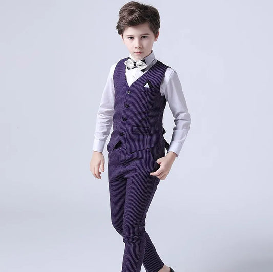 Boys Green Pinstripe Suit Set with Vest Shirt and Bow Tie