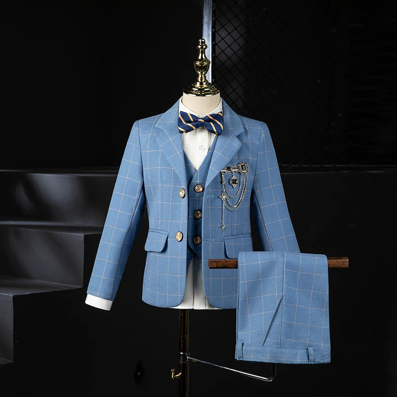 Boys Blue Plaid Three Piece Suit with Bow Tie and Chain Decor