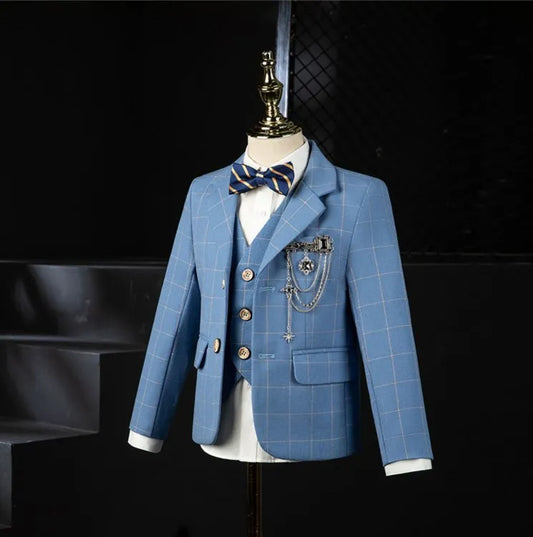Boys Blue Plaid Three Piece Suit with Bow Tie and Chain Decor