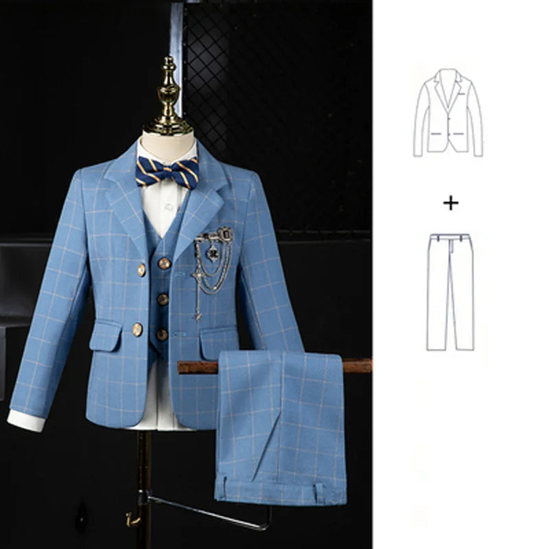 Boys Blue Plaid Three Piece Suit with Bow Tie and Chain Decor