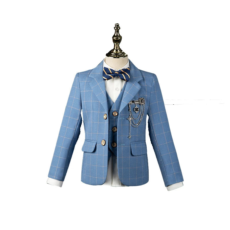 Boys Blue Plaid Three Piece Suit with Bow Tie and Chain Decor