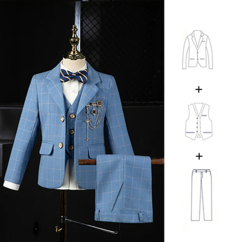 Boys Blue Plaid Three Piece Suit with Bow Tie and Chain Decor