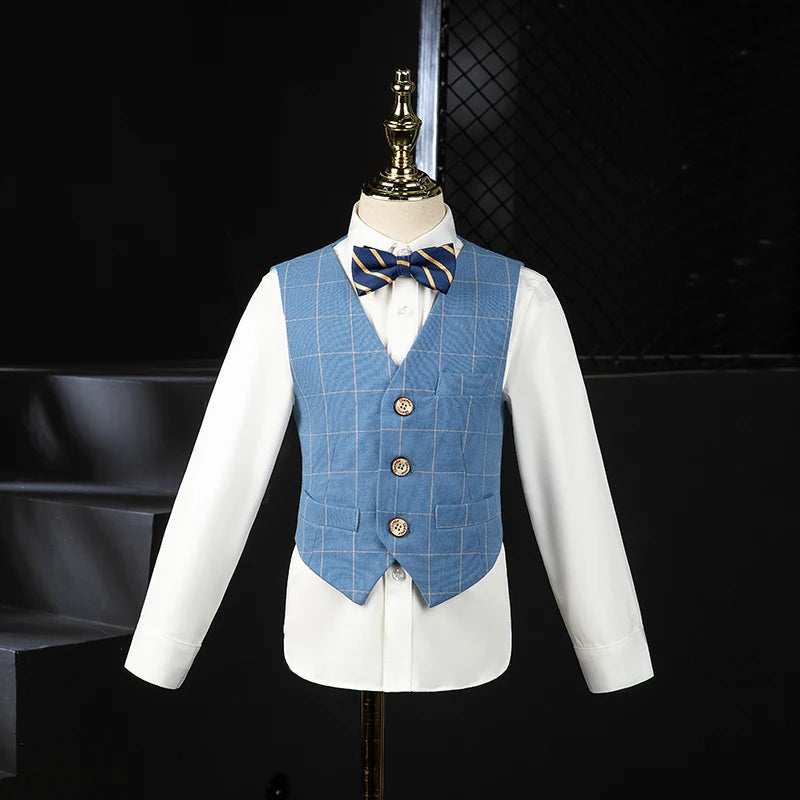 Boys Blue Plaid Three Piece Suit with Bow Tie and Chain Decor