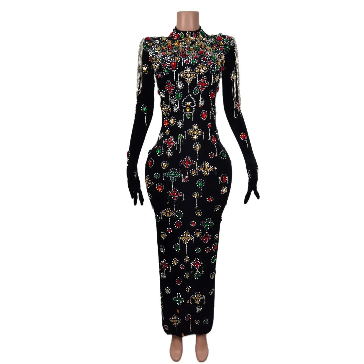 Glamorous Black Velvet Evening Dress with Vibrant Crystal Embellishments & Elegant Gloves