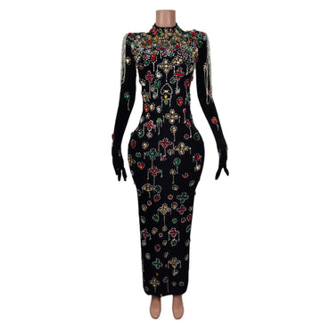 Glamorous Black Velvet Evening Dress with Vibrant Crystal Embellishments & Elegant Gloves