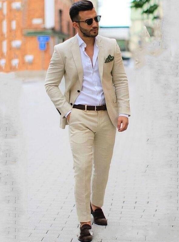 Beige Men Wedding Tuxedos Notch Lapel Slim Fit Groom Tuxedos Popular Dress Business Suits(Jacket+Pants