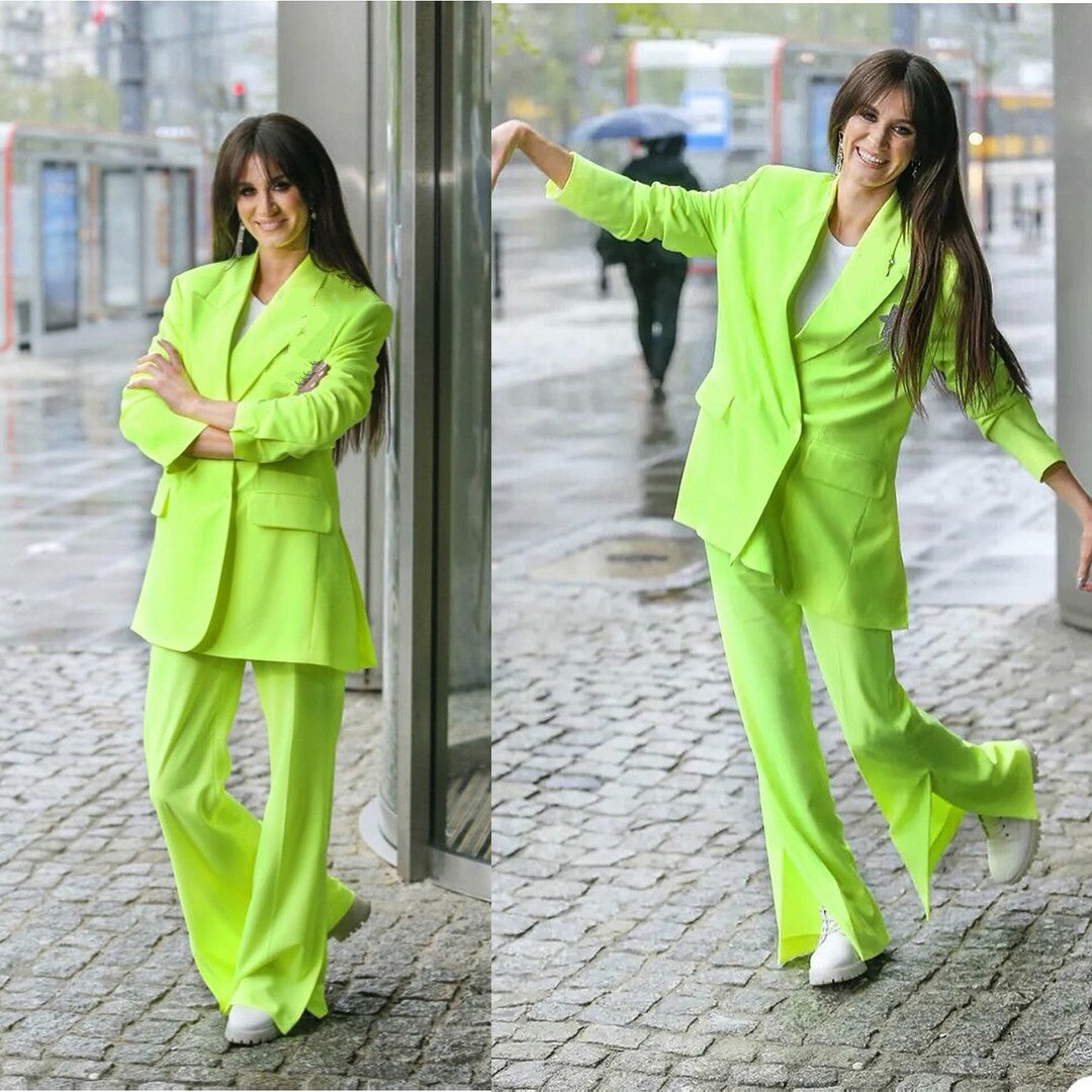 Bright Green Celebrity Women Blazer Pants Suits Leisure Loose Office Lady Party Prom Jacket Red Carpet Outfit Coat(Jacket+Pants)