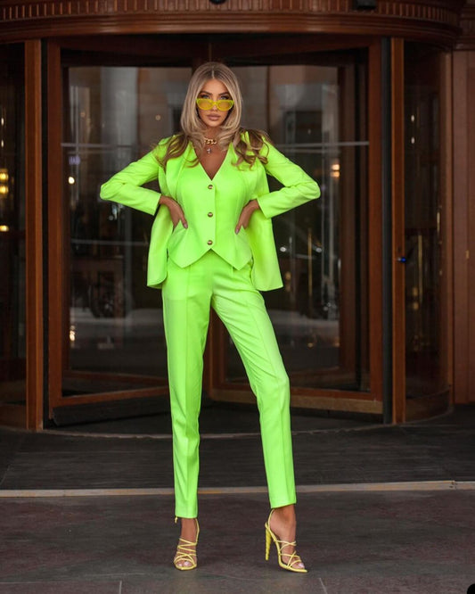 Bright Green Slim Women Pants Suits Ladies Prom Evening Guest Formal Wear Custom Made (Jacket+Vest+Pants)