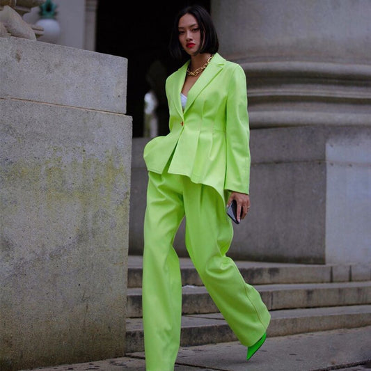Bright Green Street Power Suits For Women Wedding Guests Wear Plus Size Ladies Business Tuxedos 2 Piece Office (Jacket+Pants)