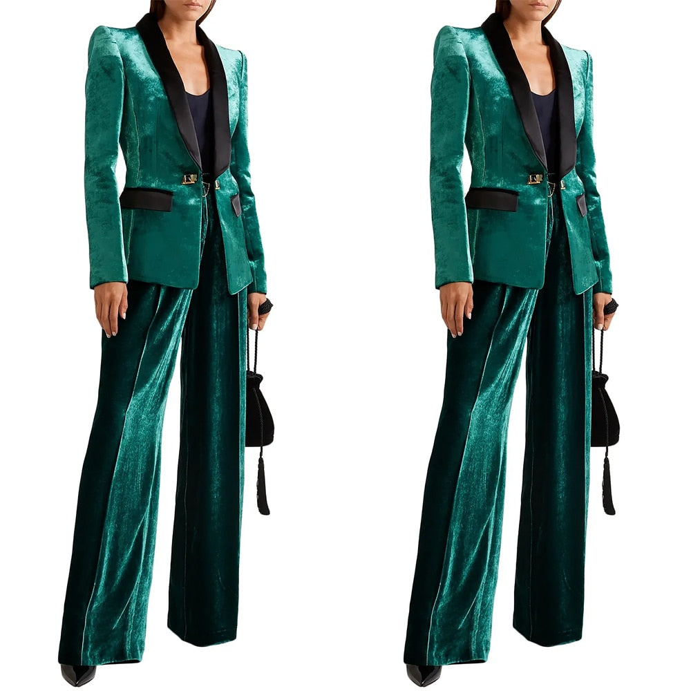Bright Green Velvet Spring Women Pant Suits Sexy Leisure Wedding Wear Formal Trousers Waistcoat Jacket Blazer Suit