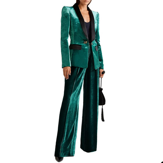 Bright Green Velvet Spring Women Pant Suits Sexy Leisure Wedding Wear Formal Trousers Waistcoat Jacket Blazer Suit