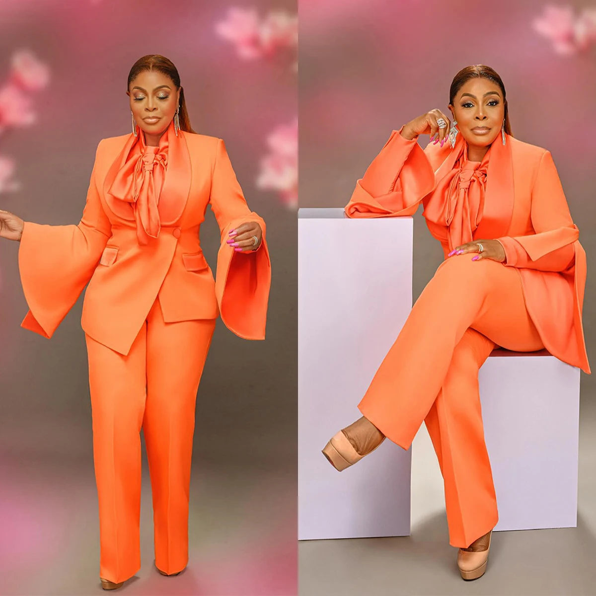 Trajes de pantalón naranja brillante para mujer, ropa deportiva de corte entallado a medida, 2 piezas, ropa para invitadas de boda 
