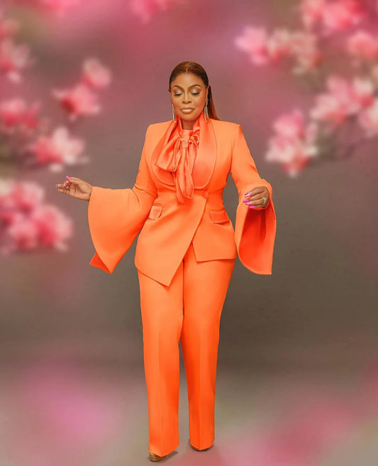 Bright Orange Women Pants Suits Custom Made Slim Fit Streetwear Sportswear 2 Pieces Wedding Guest Wear