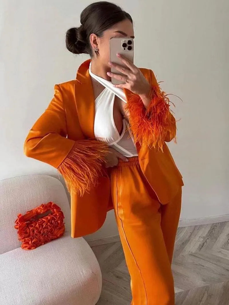 Bright Orange Women Suits 2 Pieces Party Suit Feather Tailored Blazer Pants Formal Real Image Coat+Wide Leg Pants Causal Prom