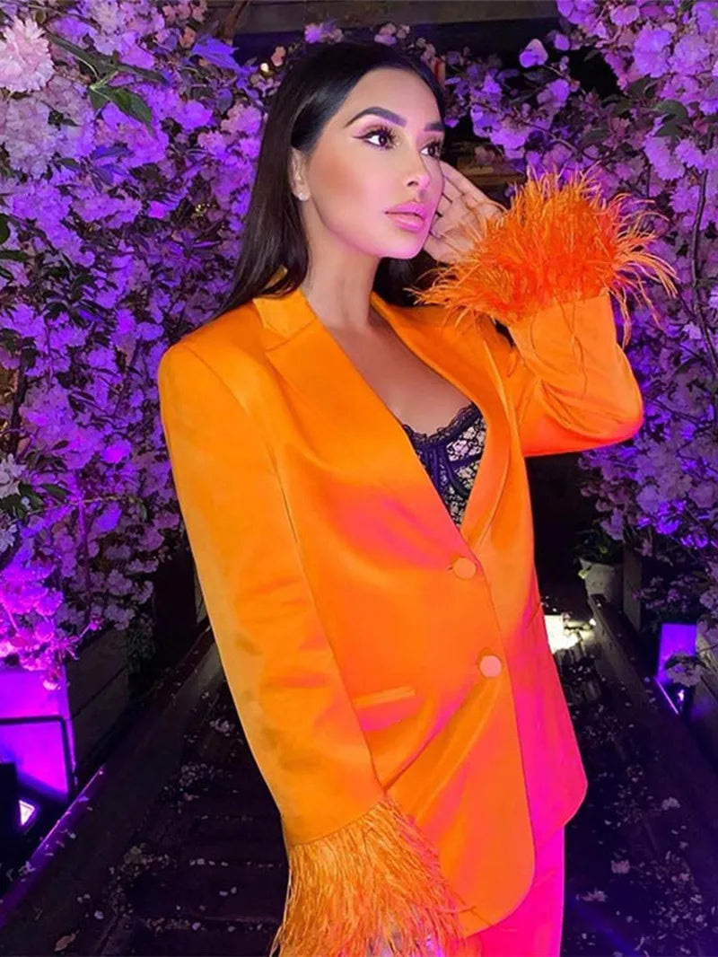 Bright Orange Women Suits 2 Pieces Party Suit Feather Tailored Blazer Pants Formal Real Image Coat+Wide Leg Pants Casual Prom