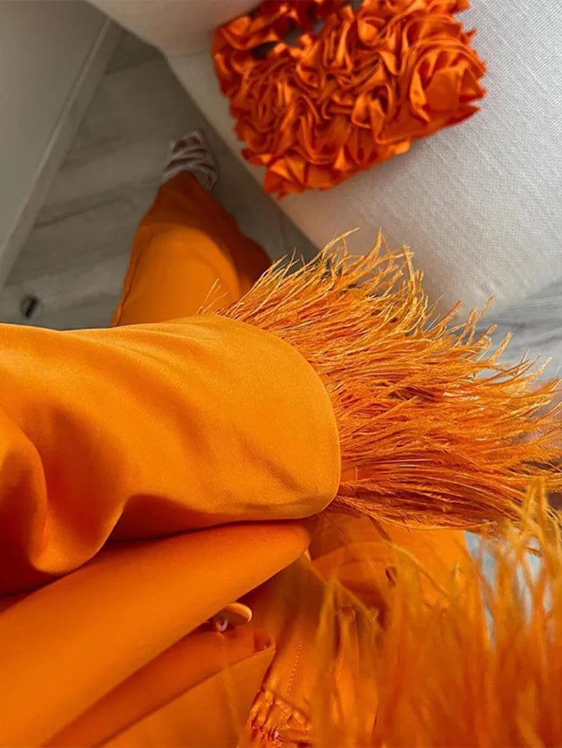 Bright Orange Women Suits 2 Pieces Party Suit Feather Tailored Blazer Pants Formal Real Image Coat+Wide Leg Pants Casual Prom
