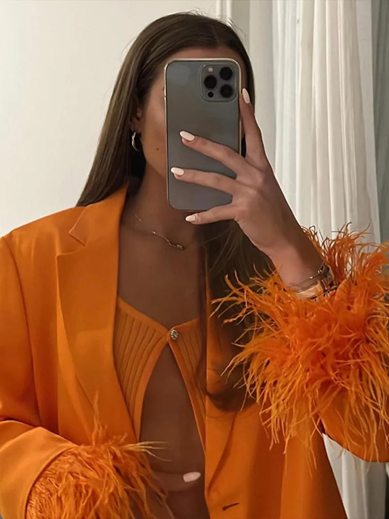 Bright Orange Women Suits 2 Pieces Party Suit Feather Tailored Blazer Pants Formal Real Image Coat+Wide Leg Pants Casual Prom