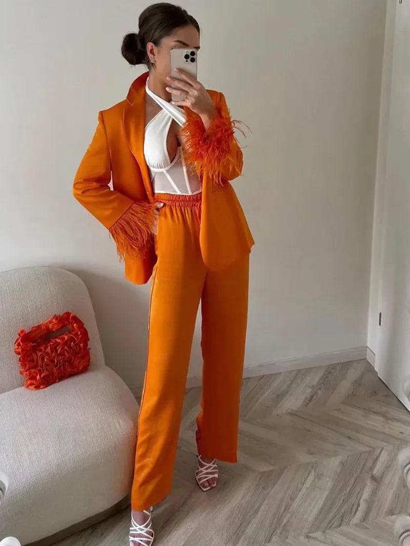 Bright Orange Women Suits 2 Pieces Party Suit Feather Tailored Blazer Pants Formal Real Image Coat+Wide Leg Pants Casual Prom