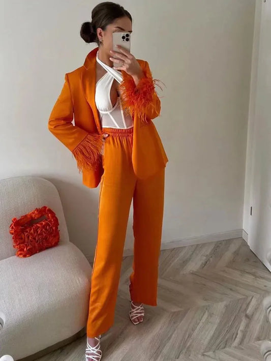 Bright Orange Women Suits 2 Pieces Party Suit Feather Tailored Blazer Pants Formal Real Image Coat+Wide Leg Pants Causal Prom