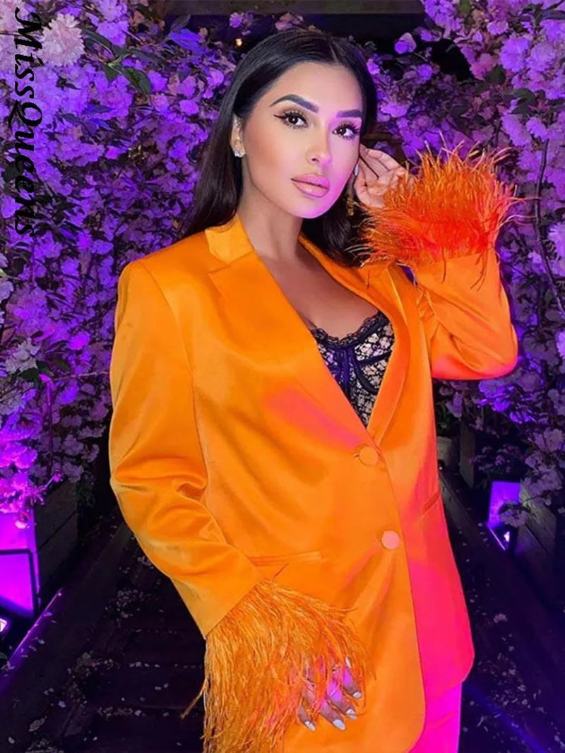 Bright Orange Women Suits 2 Pieces Party Suit Feather Tailored Blazer Pants Formal Real Image Coat+Wide Leg Pants Casual Prom