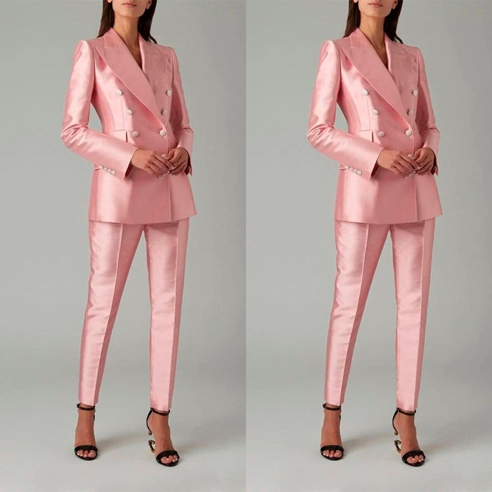Bright Pink Satin Women Blazer Suits Slim Fit Street Power Leisure Evening Party Jacket Outfit Wedding Wear 2 Pieces