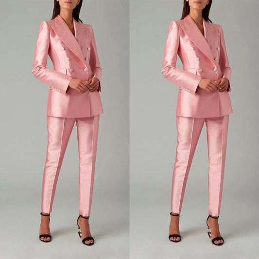 Bright Pink Satin Women Blazer Suits Slim Fit Street Power Leisure Evening Party Jacket Outfit Wedding Wear 2 Pieces